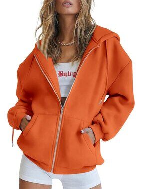 Women's Orange Long Sleeve Pockets Fall Zip Up Hoodies Sweatshirts Track Jackets